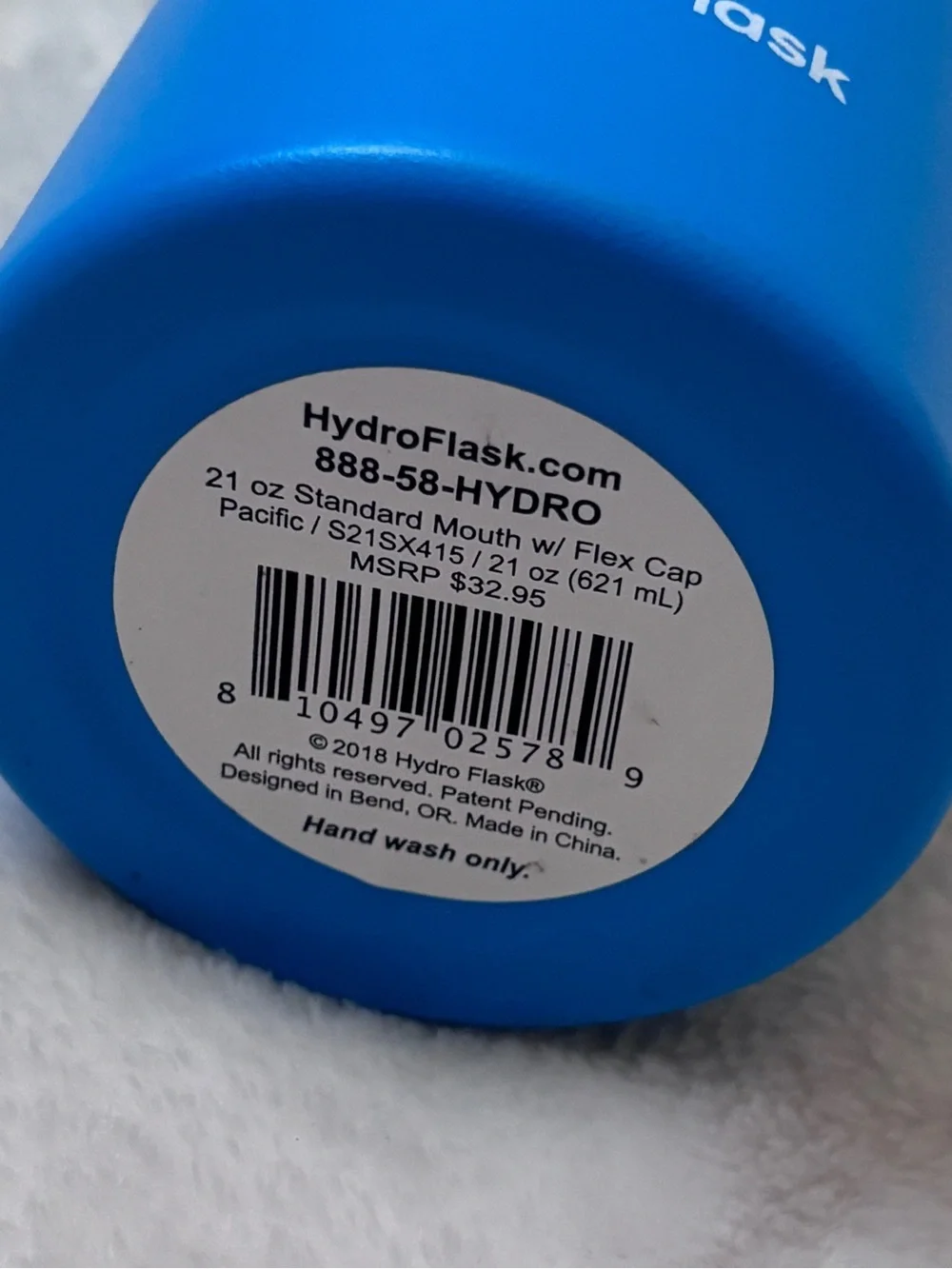 Hydro Flask 21oz Pacific Blue Standard Mouth Water Bottle w/ Flex Cap Insulated